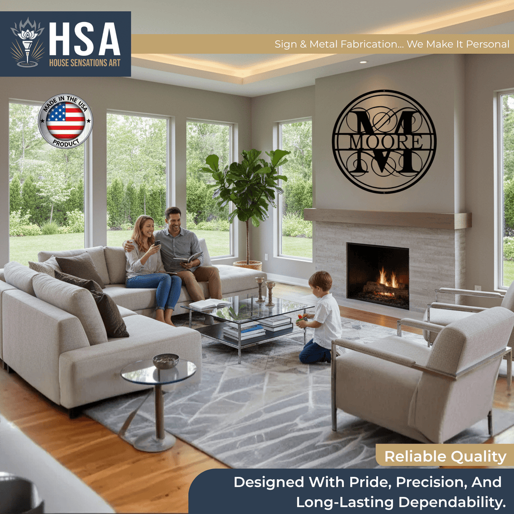 Living room scene with family, showcasing personalized swirly monogram metal wall décor, featuring HSA House Sensations Art branding, ideal for indoor home décor or porch and custom family name signage.