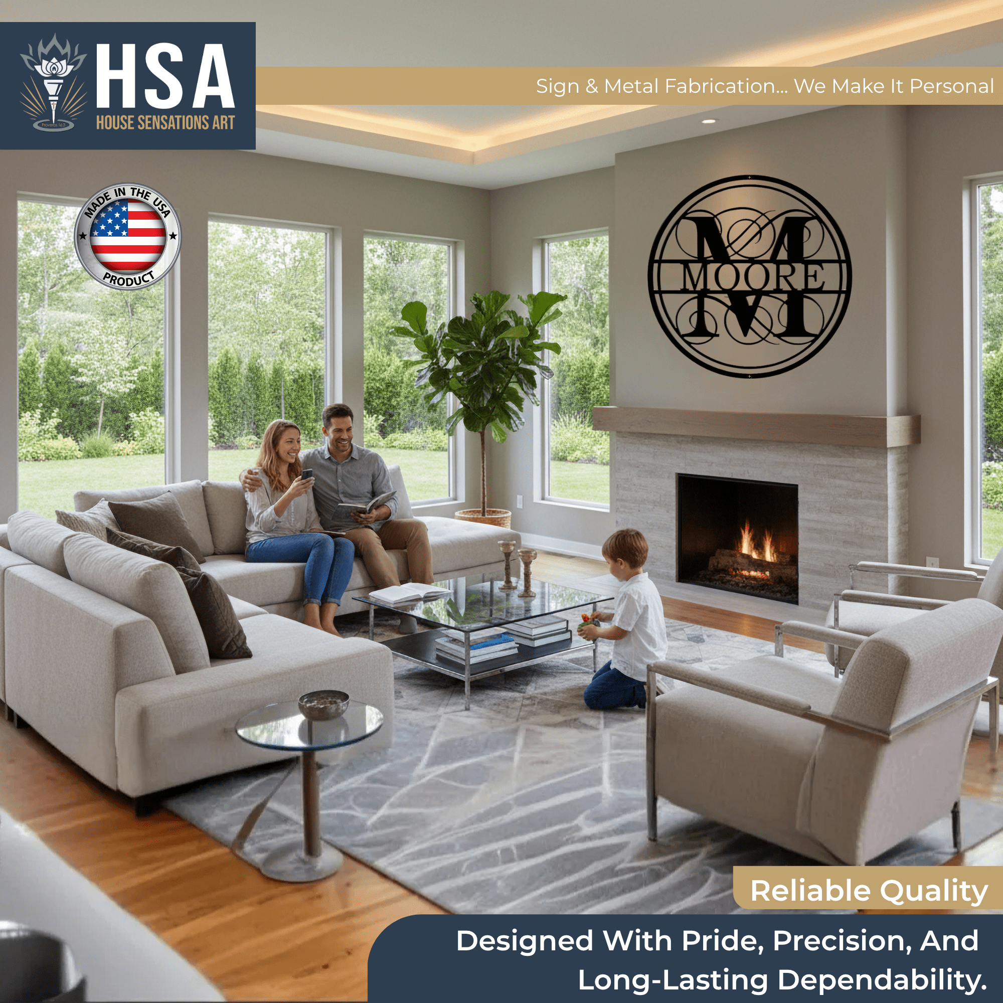 Living room scene with family, showcasing personalized swirly monogram metal wall décor, featuring HSA House Sensations Art branding, ideal for indoor home décor or porch and custom family name signage.