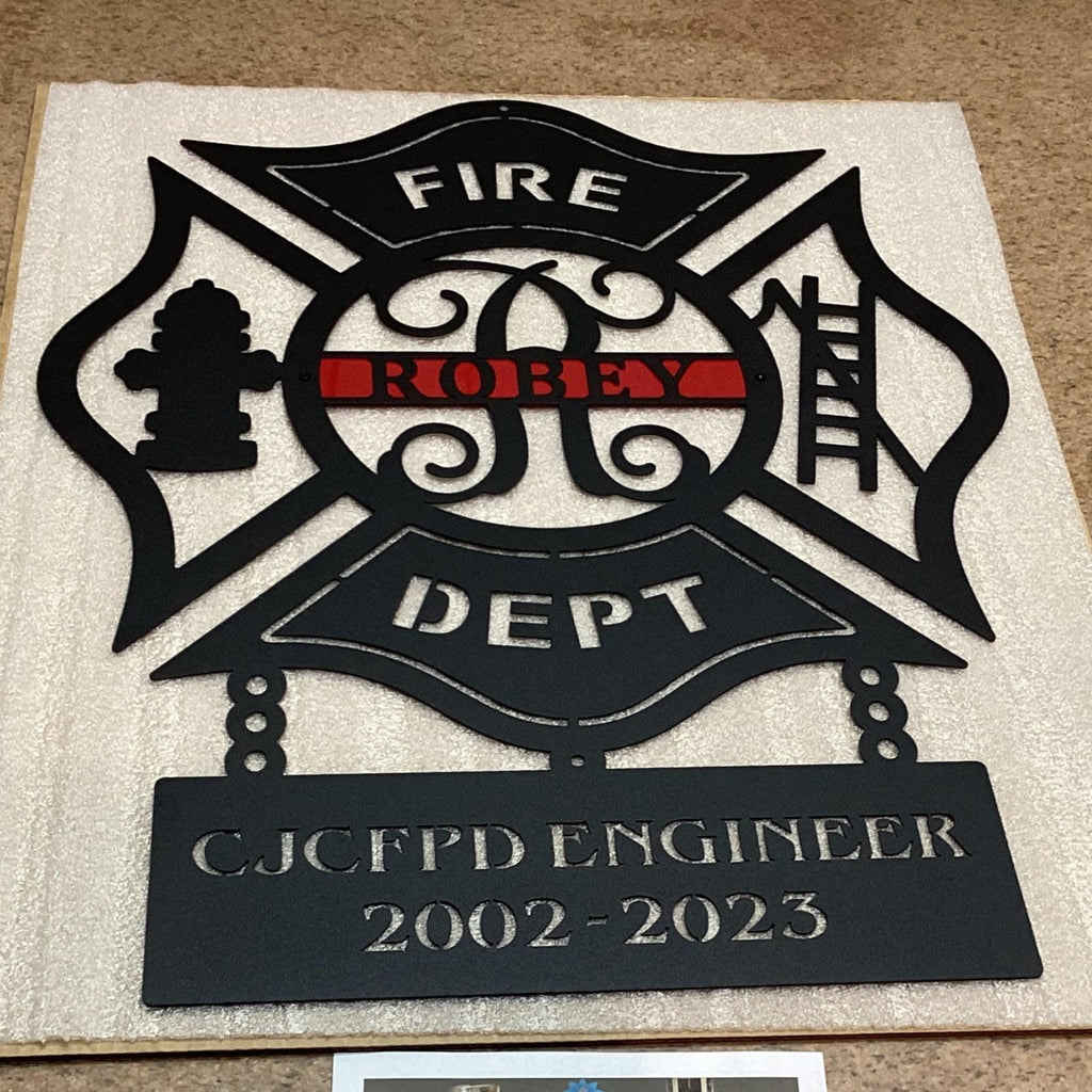 Personalized Firefighter Metal plaque with 'FIRE DEPT' and 'CJCFPD ENGINEER' text on a beige background