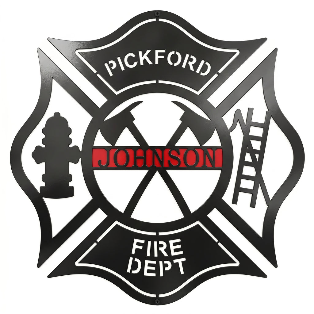 Personalized firefighter maltese cross metal wall sign with Pickford Johnson Fire Department design on white background