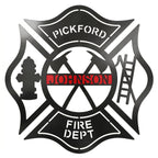 Personalized firefighter maltese cross metal wall sign with Pickford Johnson Fire Department design on white background