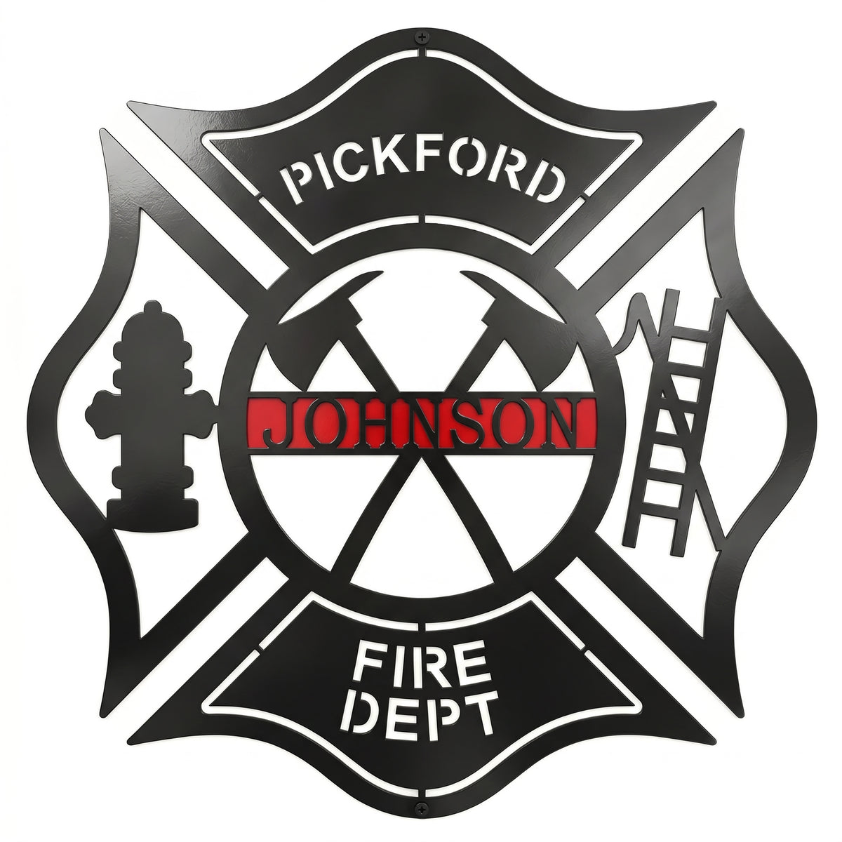 Personalized firefighter maltese cross metal wall sign with Pickford Johnson Fire Department design on white background