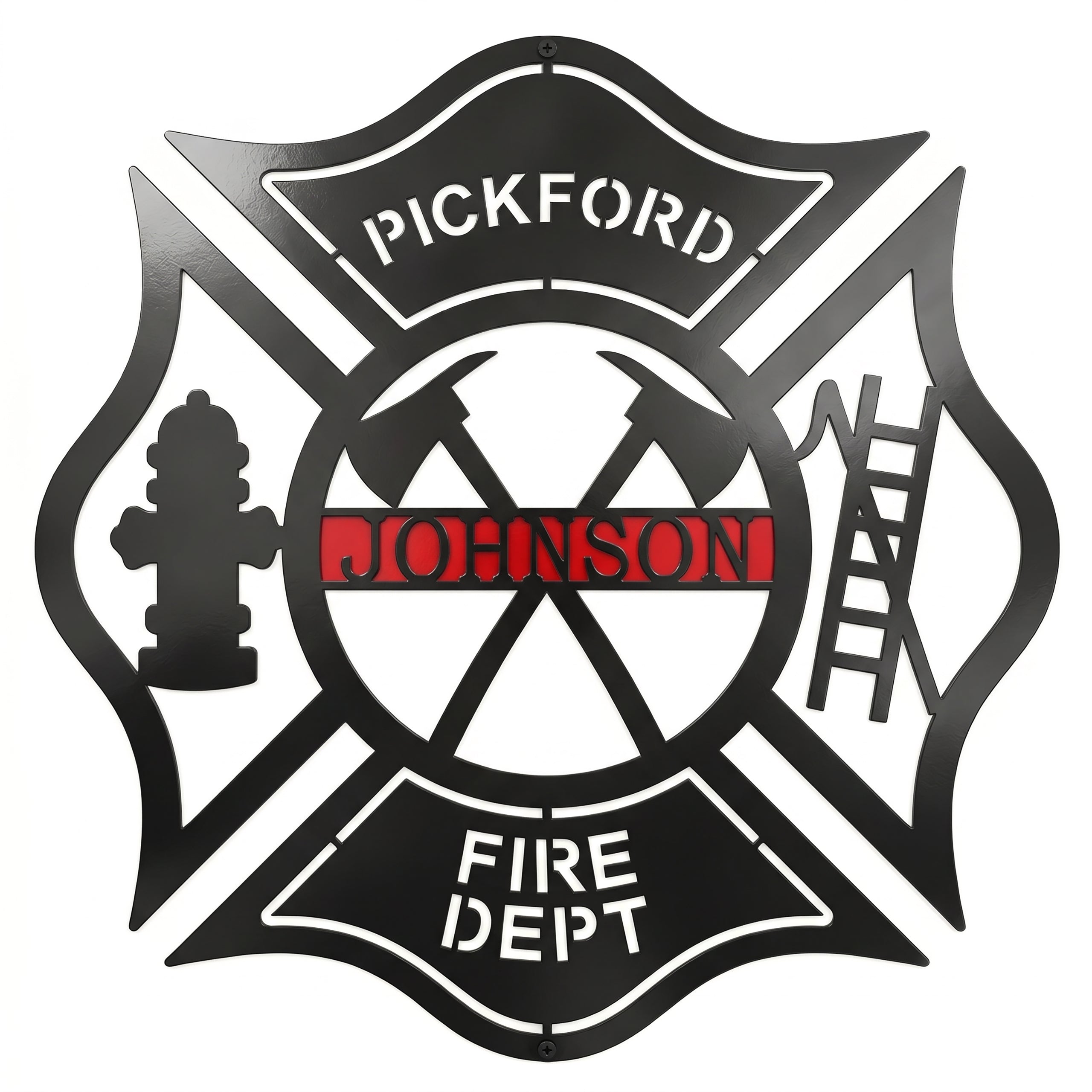 Personalized firefighter maltese cross metal wall sign with Pickford Johnson Fire Department design on white background