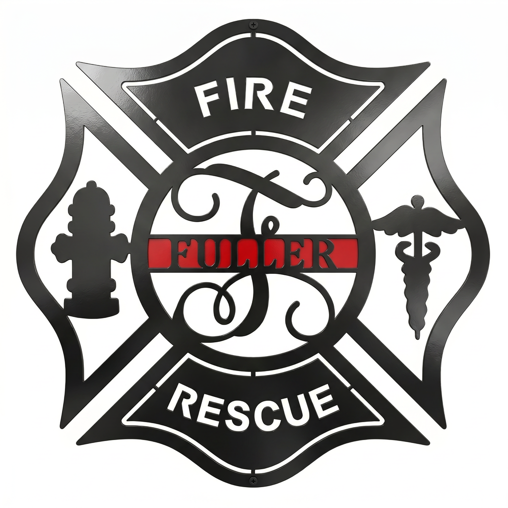 Black firefighter Maltese cross metal wall sign with custom Fuller name red accent fire hydrant and medical symbol on white background