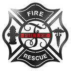 Black firefighter Maltese cross metal wall sign with custom Fuller name red accent fire hydrant and medical symbol on white background