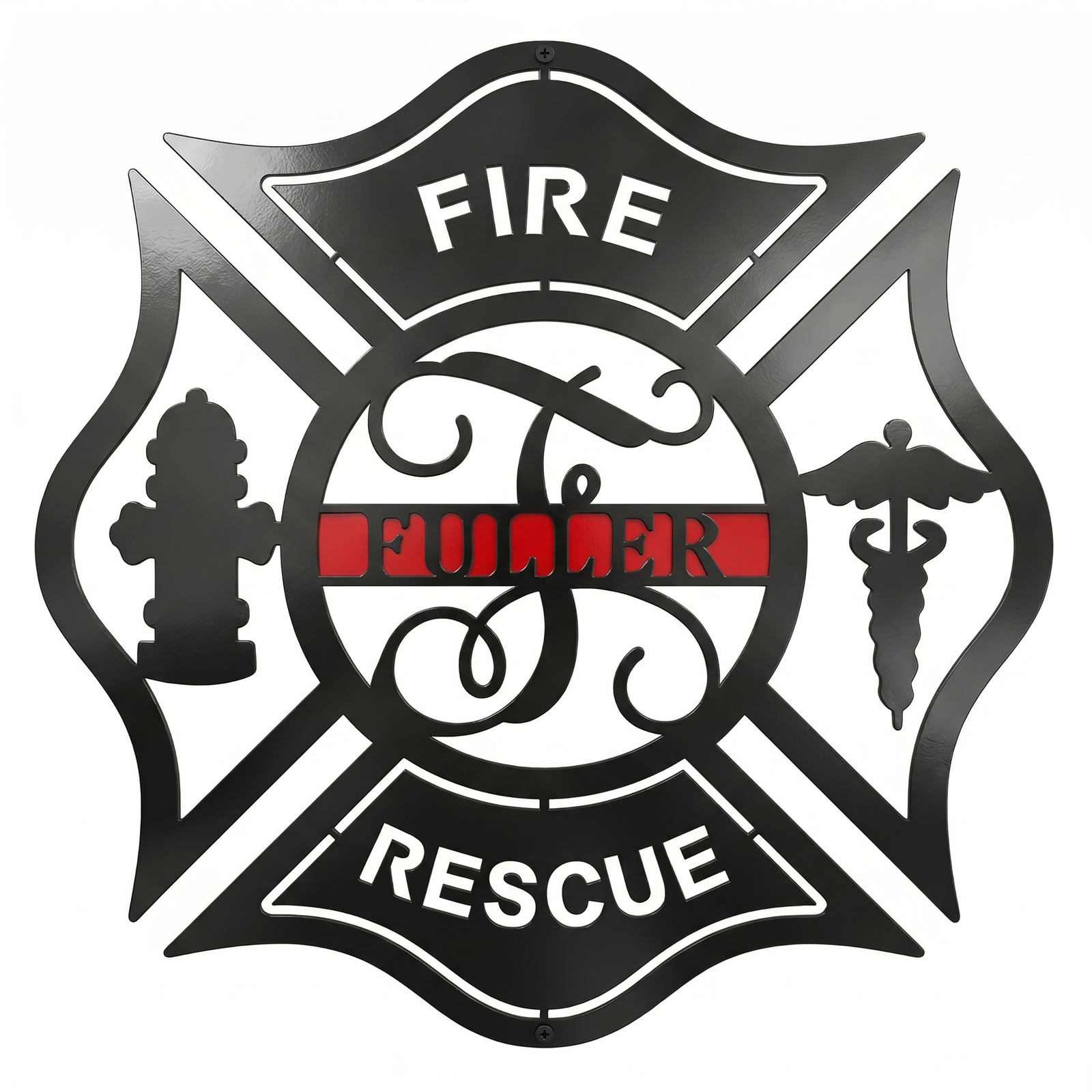 Black firefighter Maltese cross metal wall sign with custom Fuller name red accent fire hydrant and medical symbol on white background
