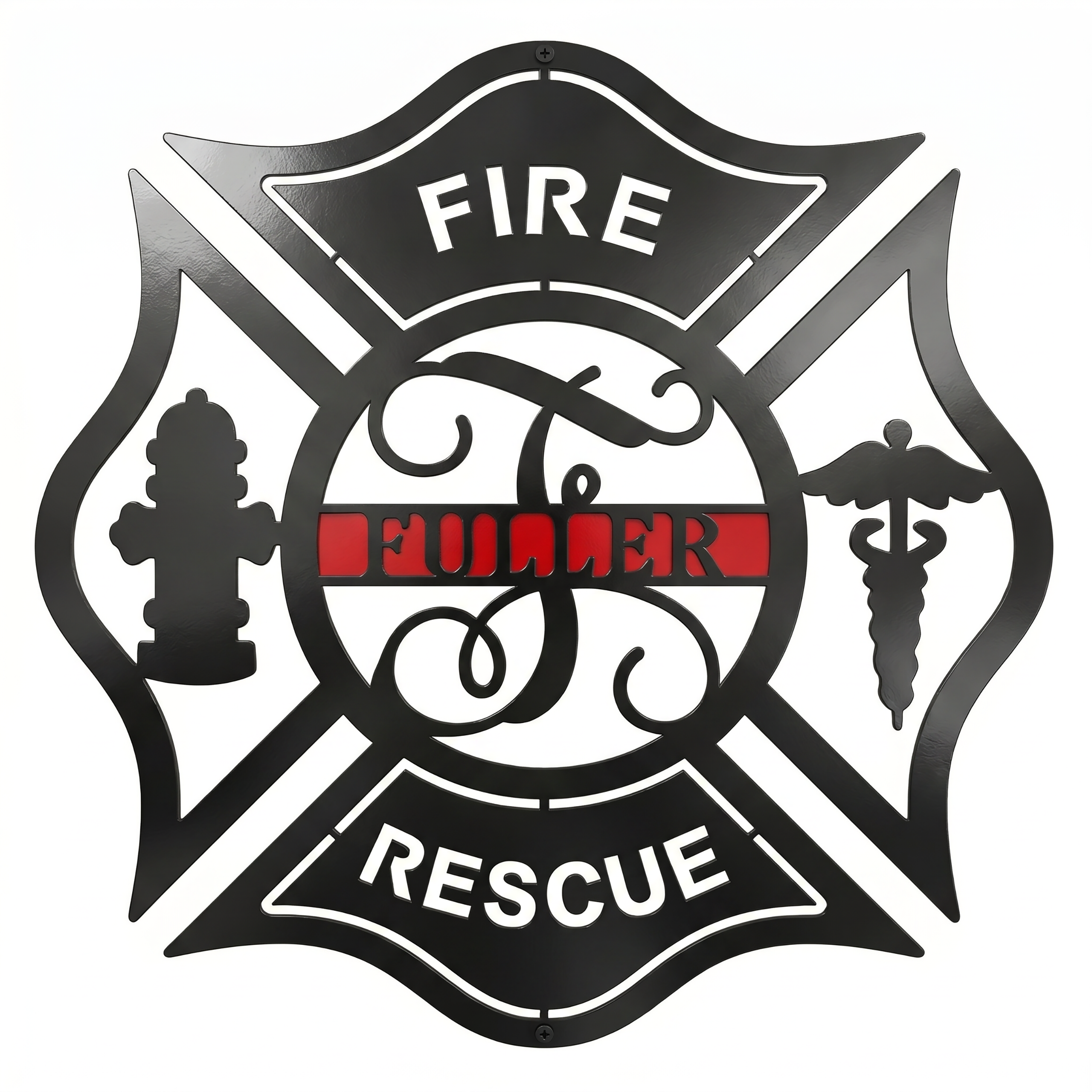 Black firefighter Maltese cross metal wall sign with custom Fuller name red accent fire hydrant and medical symbol on white background
