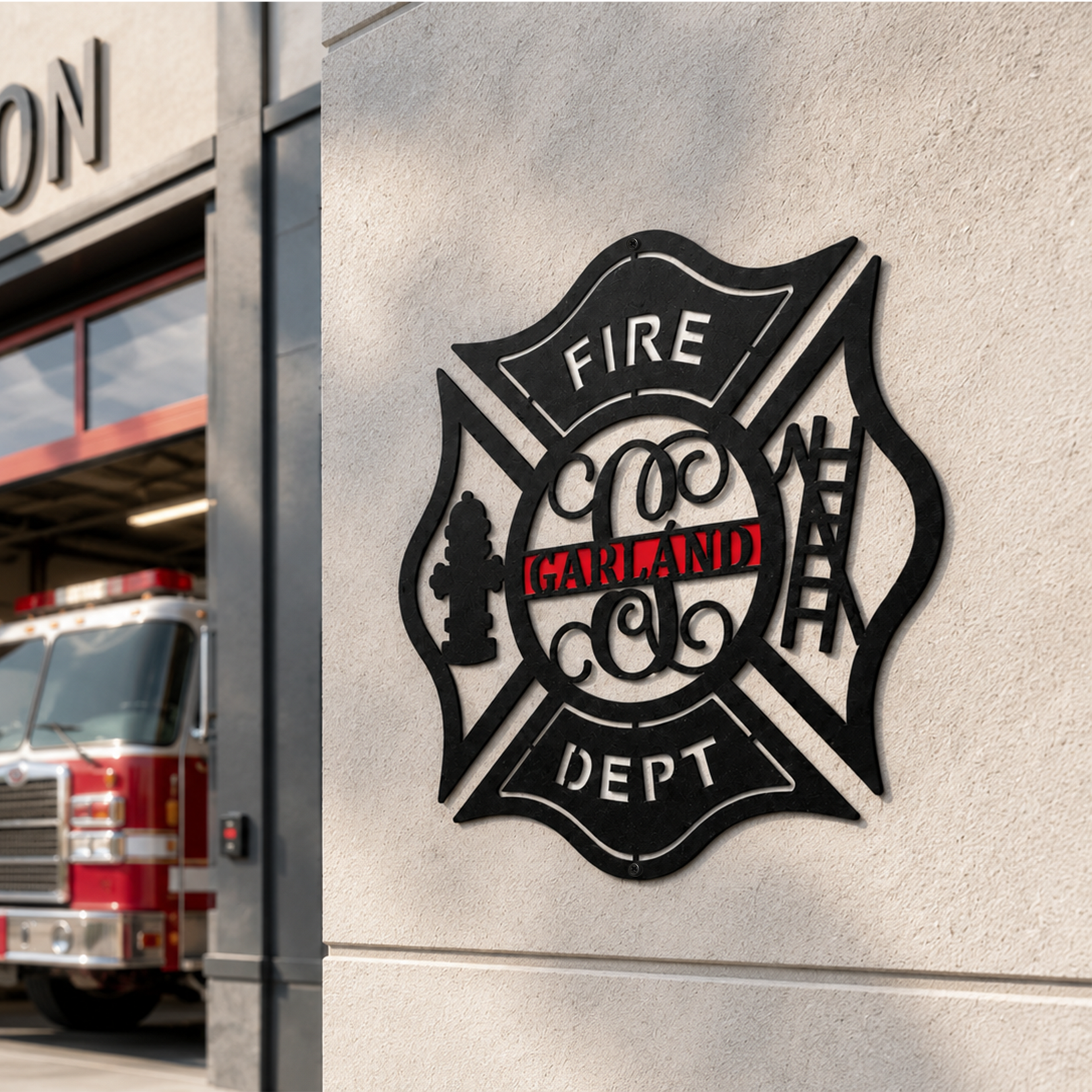 Custom fire department maltese cross metal wall decor with Garland lettering mounted outside modern fire station building