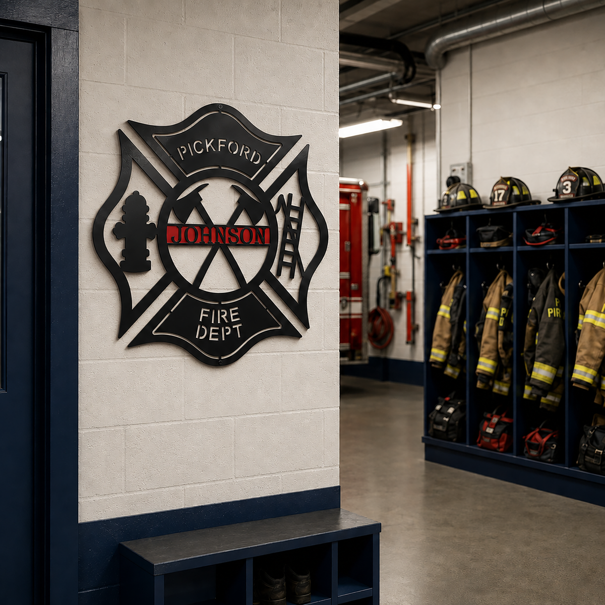 Custom fire department metal sign with firefighter symbols displayed inside professional fire station locker area