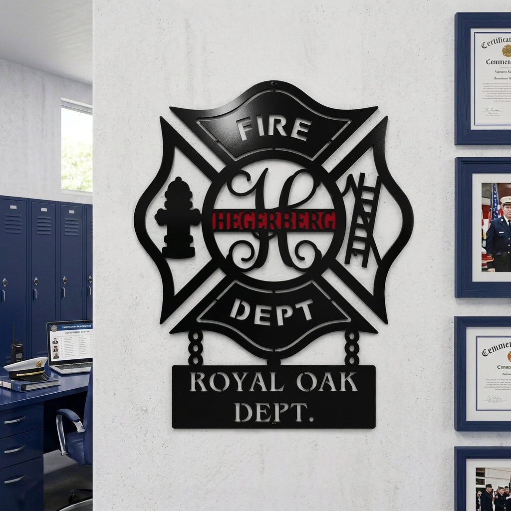 Black custom firefighter maltese cross metal sign displayed indoors beside framed certificates and station lockers