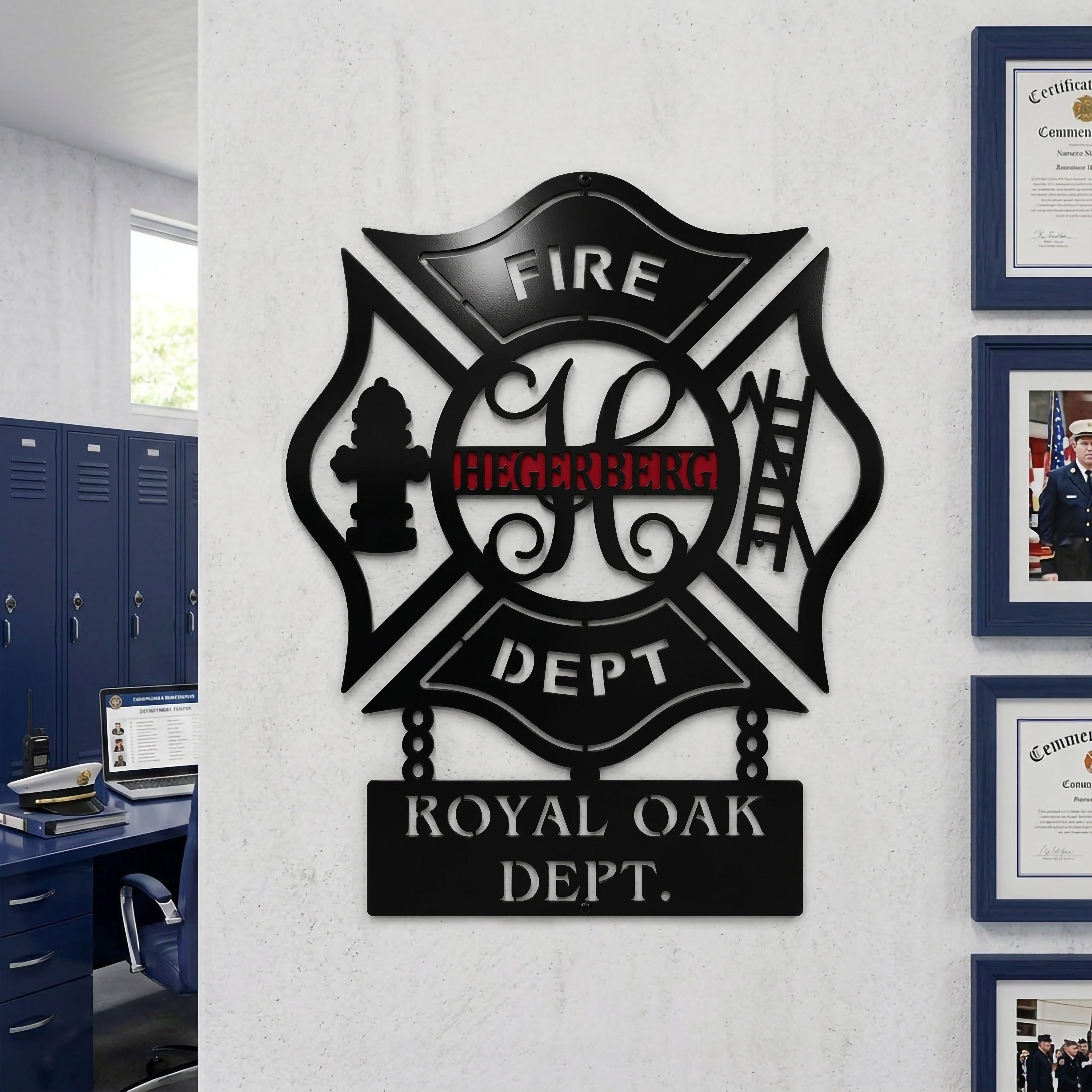 Black custom firefighter maltese cross metal sign displayed indoors beside framed certificates and station lockers