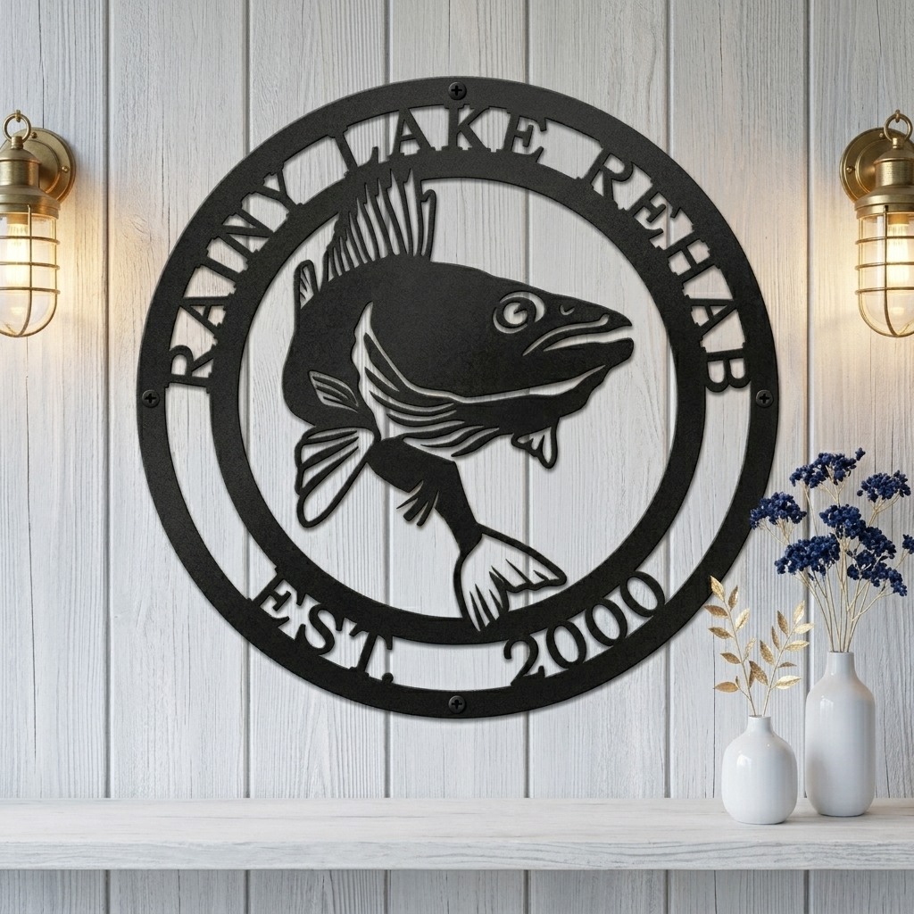 Custom fish metal wall sign styled with nautical compass and lake cabin inspired shelf decorations