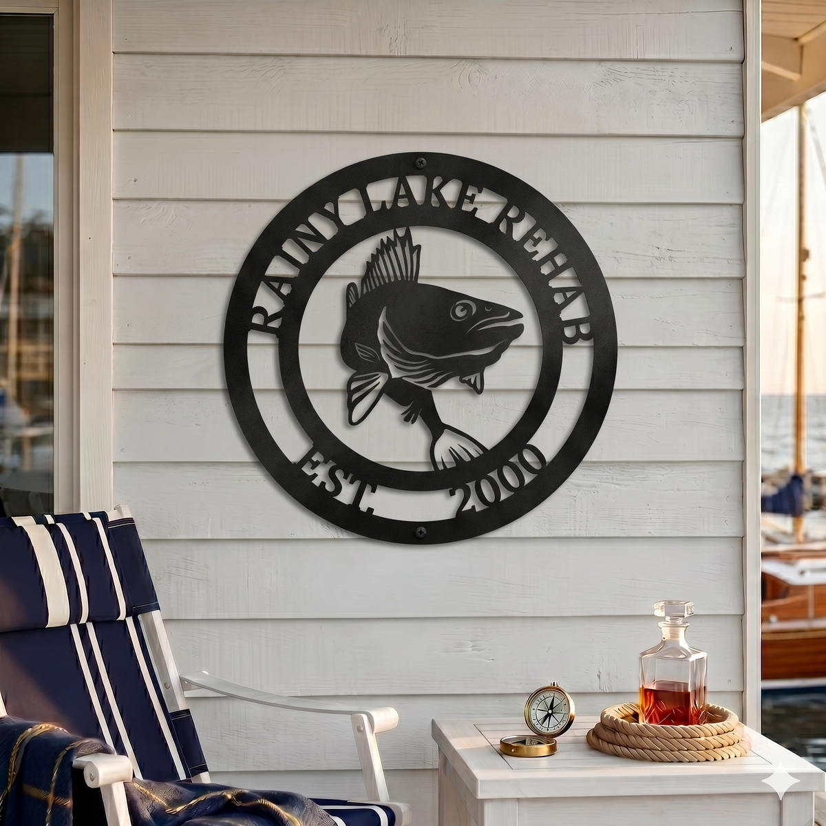 Custom fishing metal wall sign with fish design and family name displayed on lakeside patio wall
