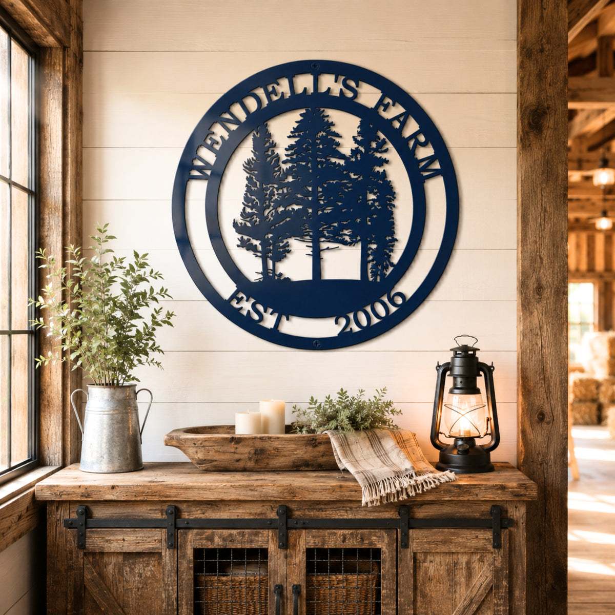 Navy blue custom ranch metal sign with farm animal silhouette mounted above rustic farmhouse console table