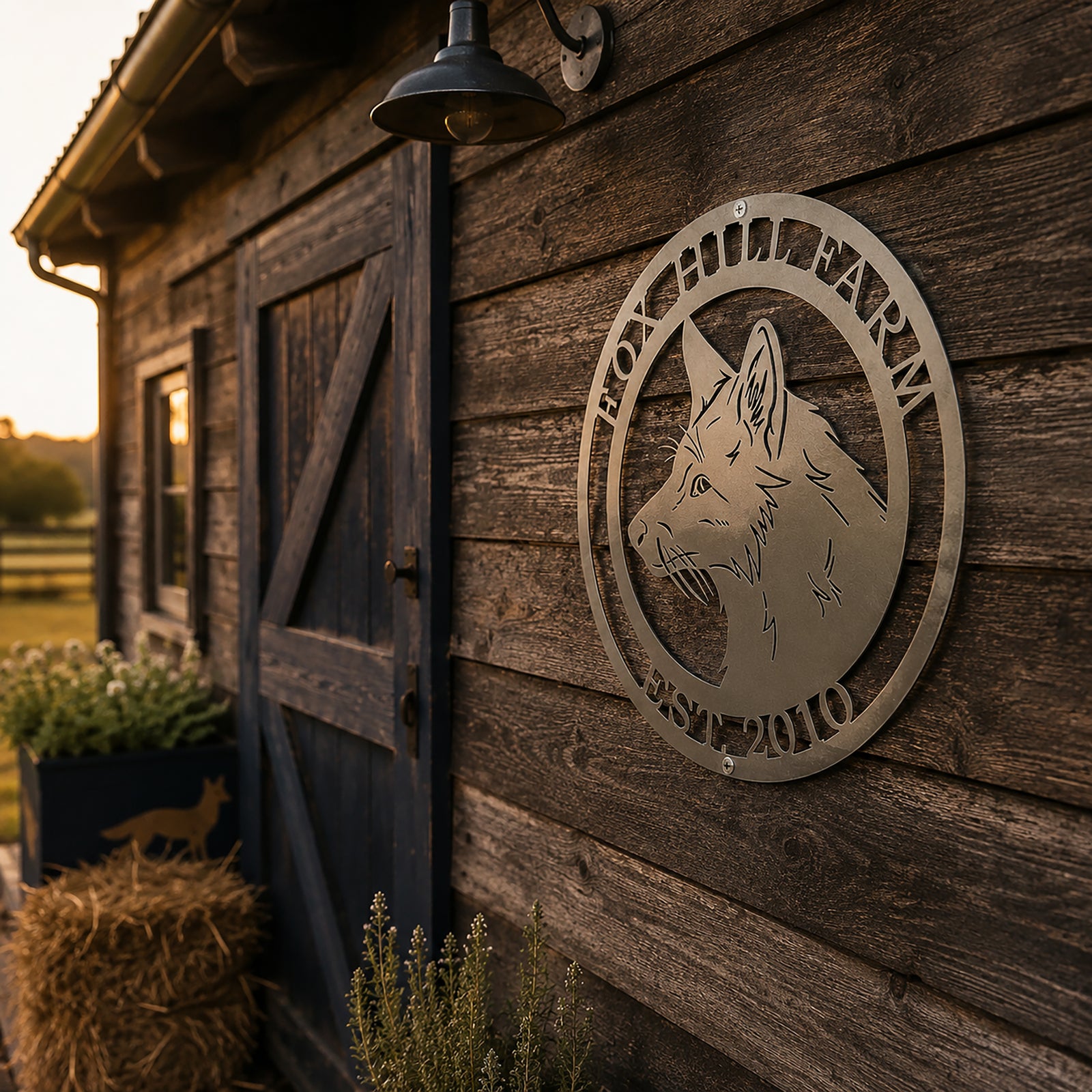 A circular metal sign with a metallic satin titanium finish depicting a fox profile cutout, mounted on the dark rustic wood exterior wall of a barn. The sign features the cutout words "FOX HILL FARM" on the top arch and "EST. 2010" on the bottom arch. A black gooseneck barn light hangs above it, with hay bales and potted plants visible on the side.