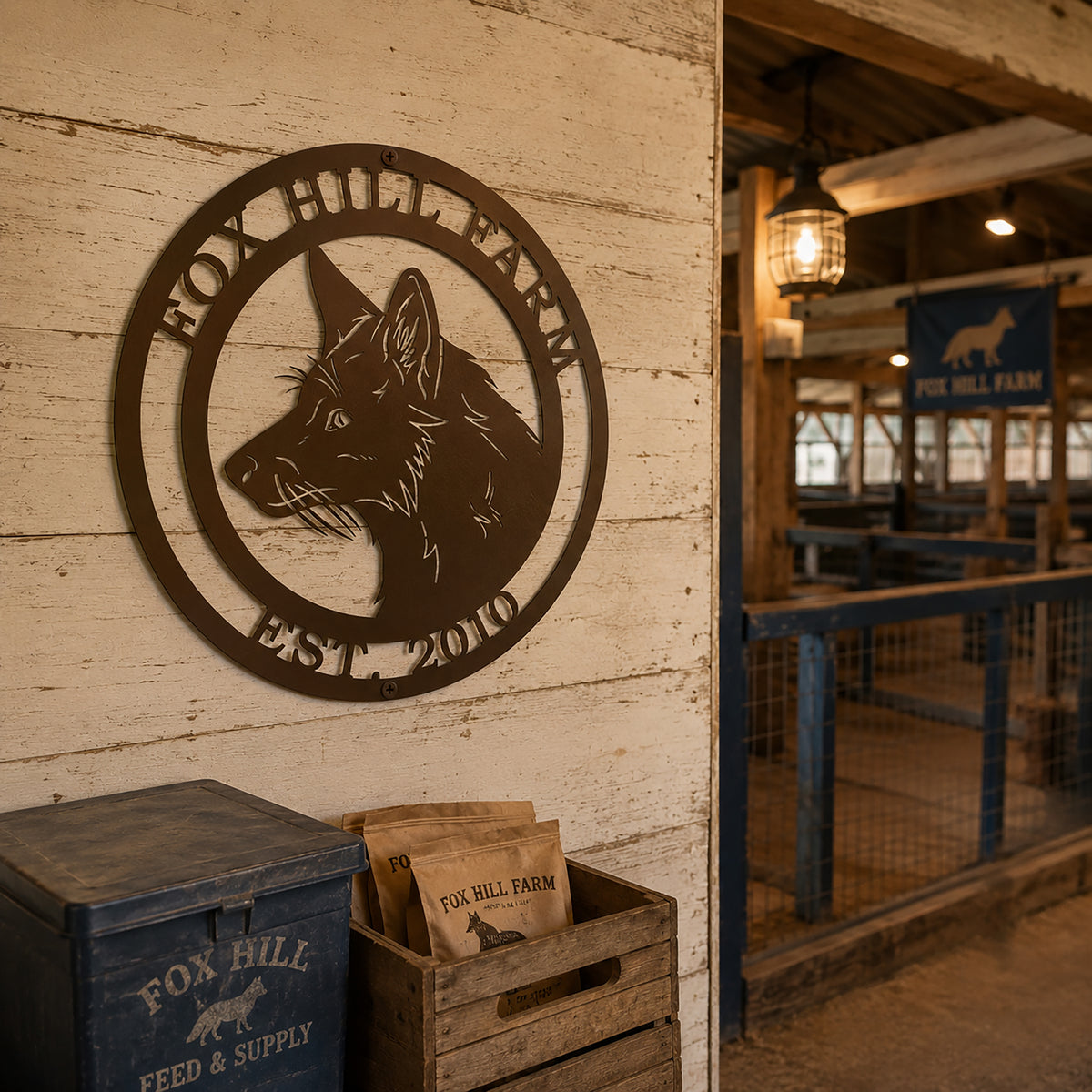 A dark espresso brown circular metal sign custom engraved with "FOX HILL FARM EST. 2010" and a fox profile. The sign is mounted on a textured, white-washed wooden wall inside a stable, positioned above a blue vintage feed bin and wooden crates.