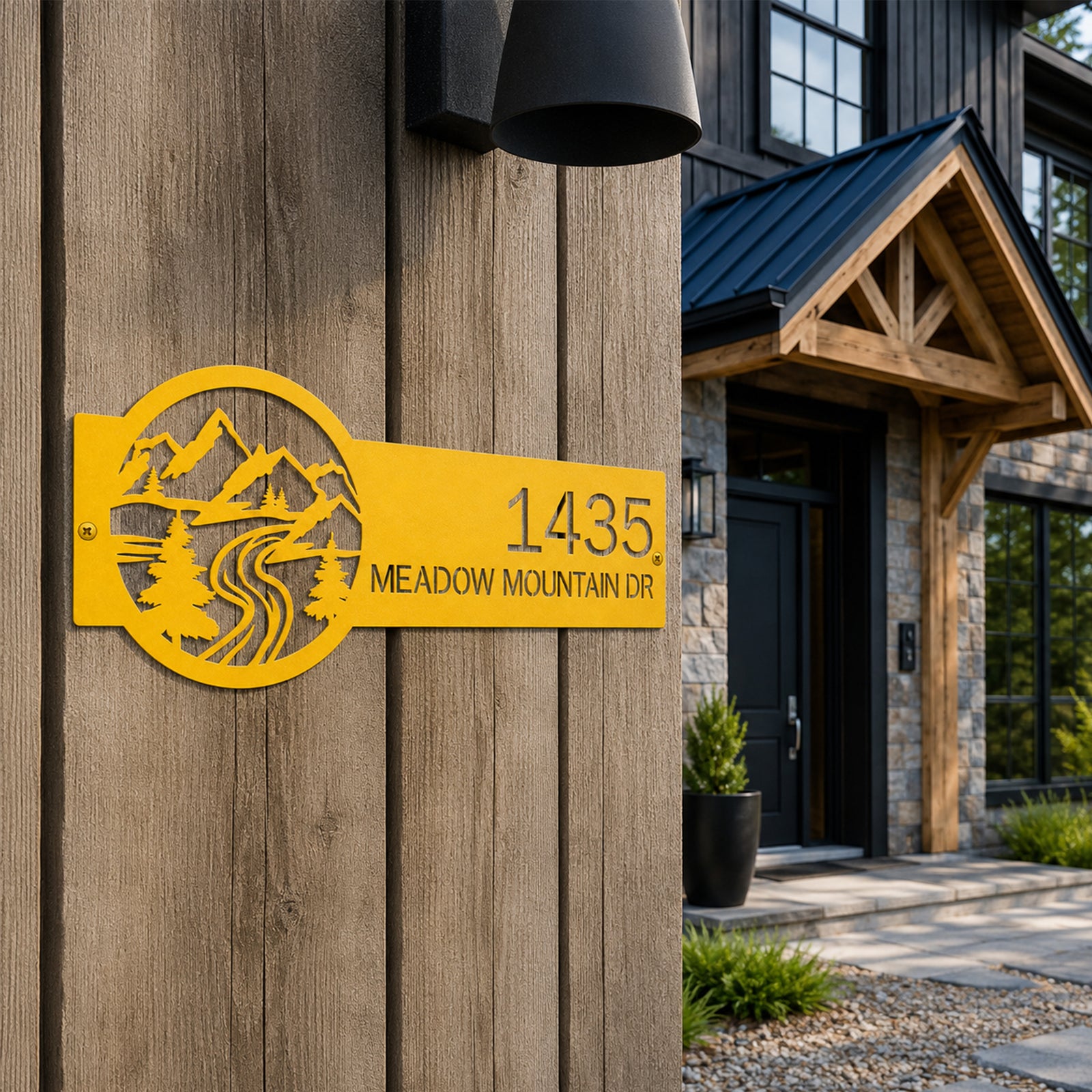 Golden yellow custom mountain address metal sign featuring mountain landscape river and pine trees with personalized house number outdoor farmhouse wall decor