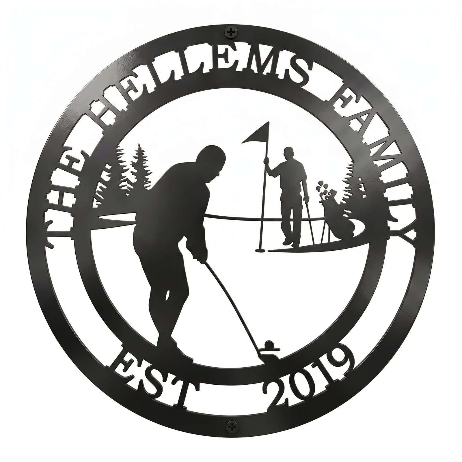 Flat view of a black circular personalized metal sign featuring a golfer putting, an advisor with a flag, and golf clubs, cut out with the family name layout over a pure white background.
