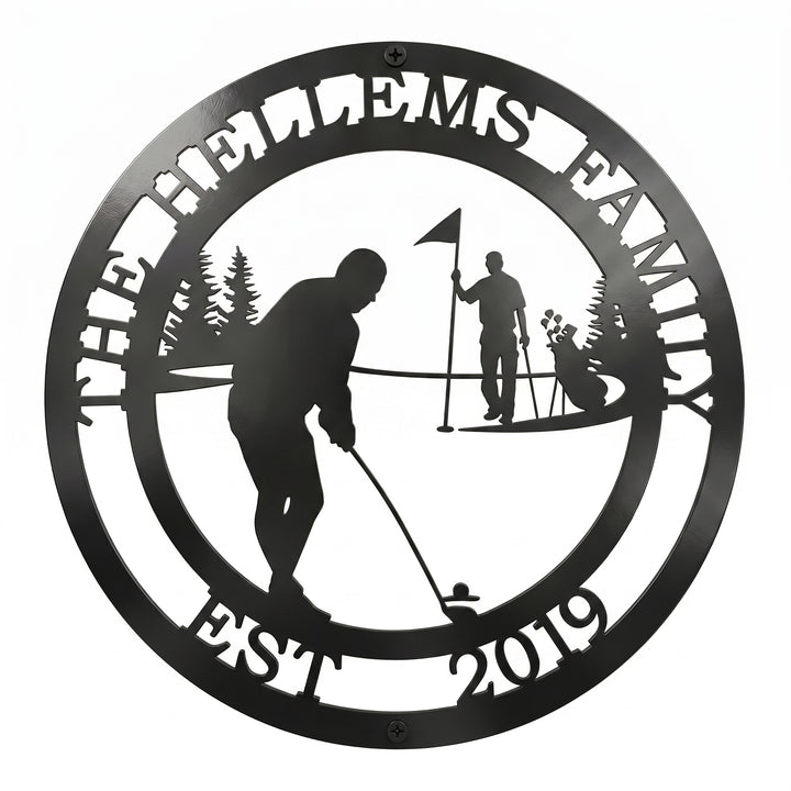 Flat view of a black circular personalized metal sign featuring a golfer putting, an advisor with a flag, and golf clubs, cut out with the family name layout over a pure white background.