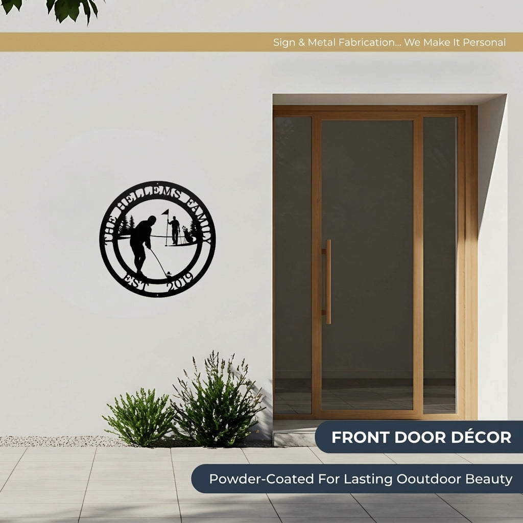 Custom golf themed metal wall sign displayed beside modern front door with personalized family name and established year