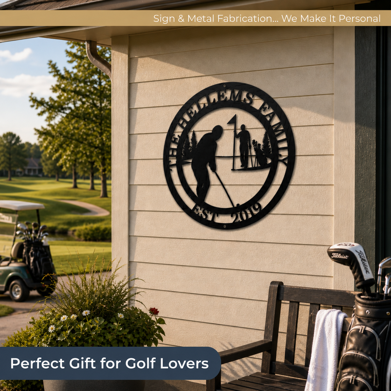 personalized golf metal sign with family name mounted on outdoor wall near golf course perfect gift for golf lovers