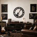 Black personalized guitar repair metal sign hanging in vintage music studio with guitars records pedals and amplifier setup