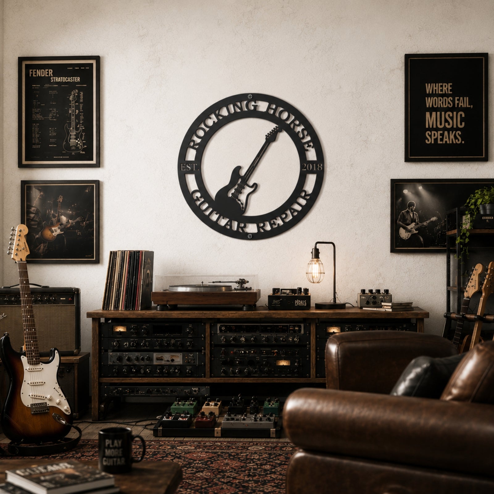 Black personalized guitar repair metal sign hanging in vintage music studio with guitars records pedals and amplifier setup