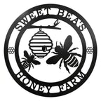 honey bee farm metal wall sign with beehive and bee silhouette design