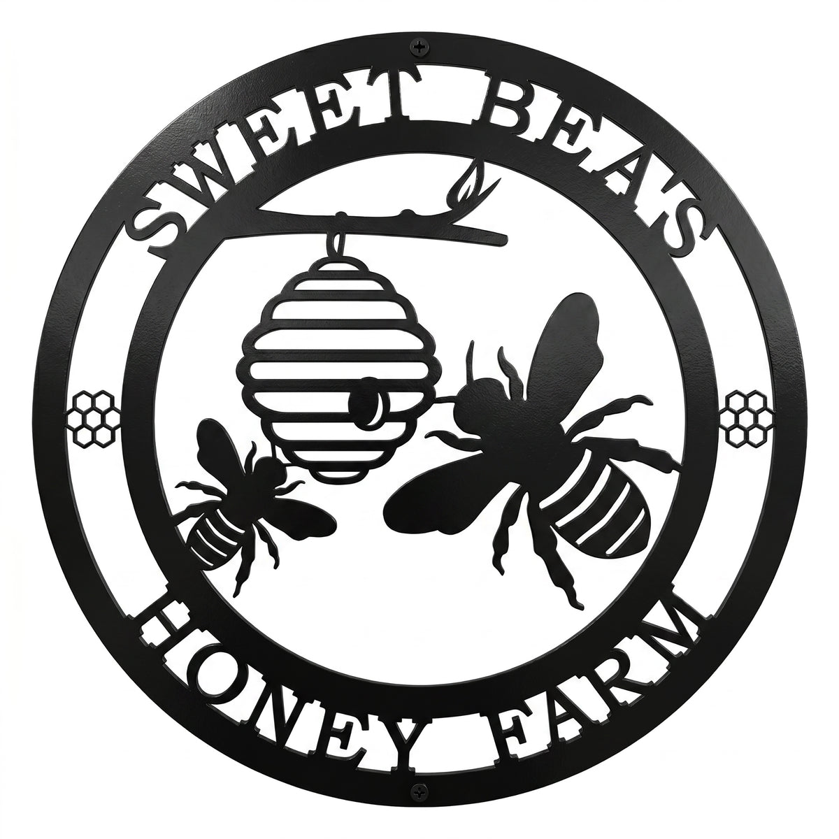 honey bee farm metal wall sign with beehive and bee silhouette design