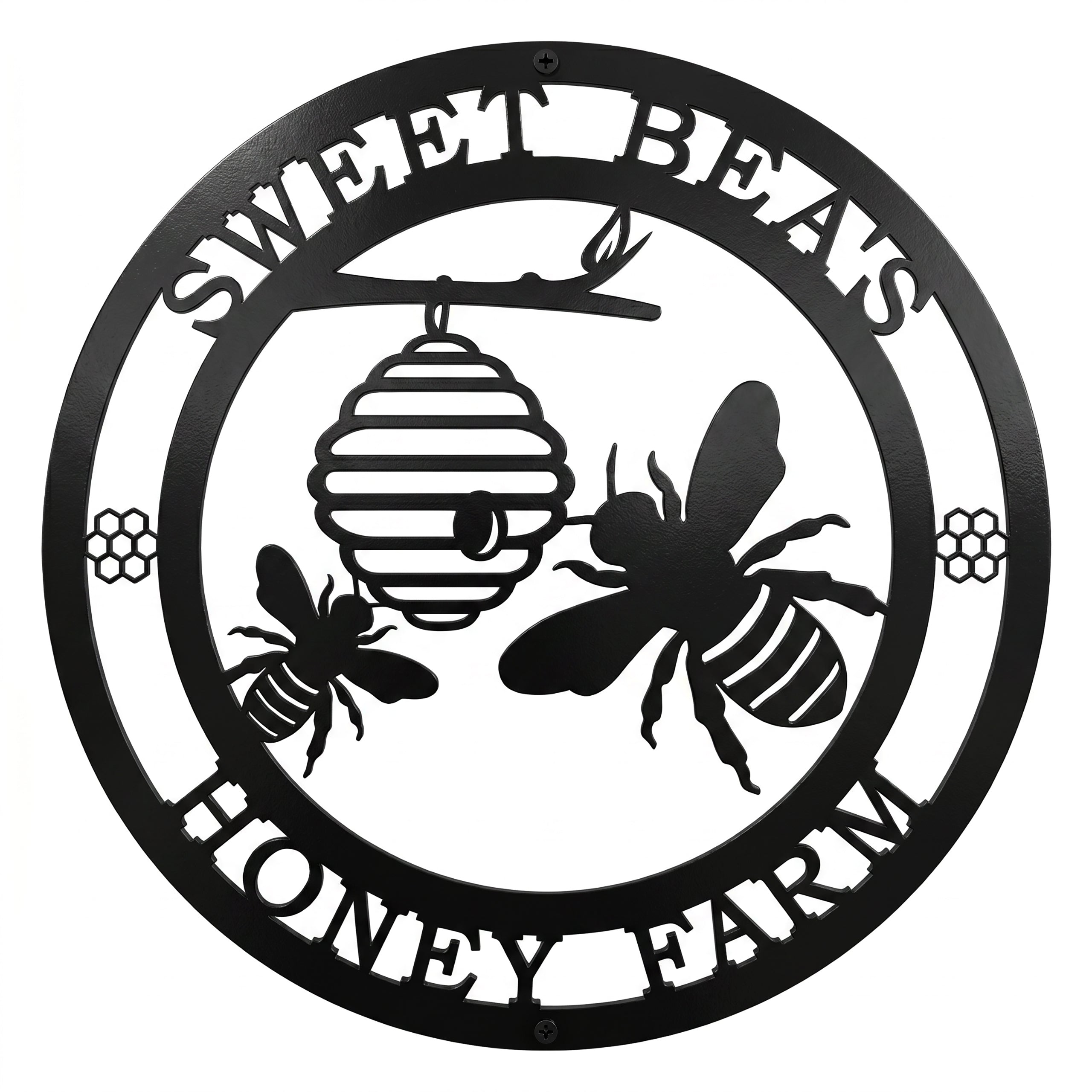 honey bee farm metal wall sign with beehive and bee silhouette design