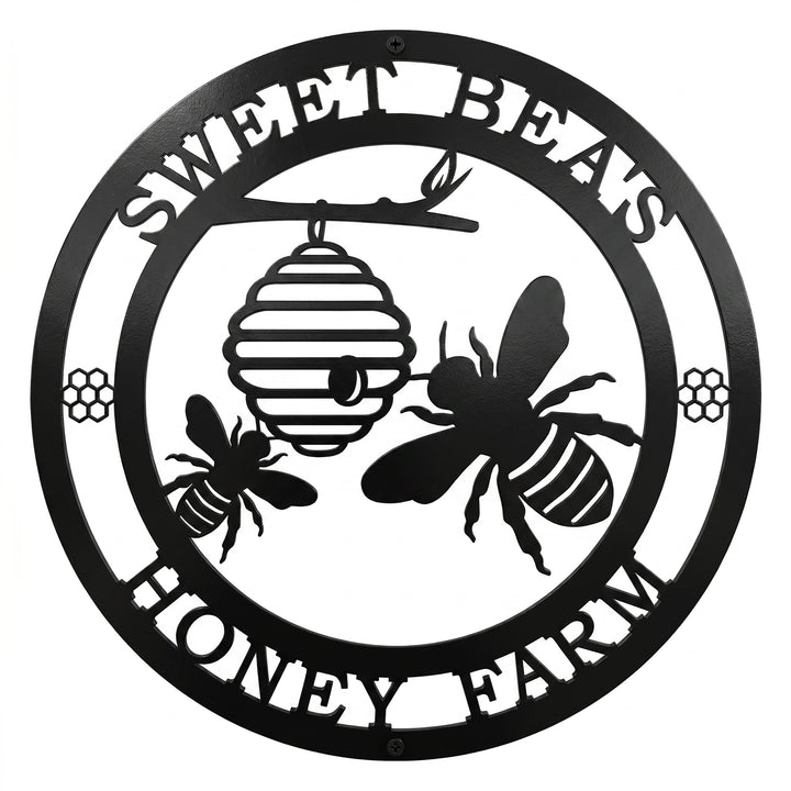 honey bee farm metal wall sign with beehive and bee silhouette design