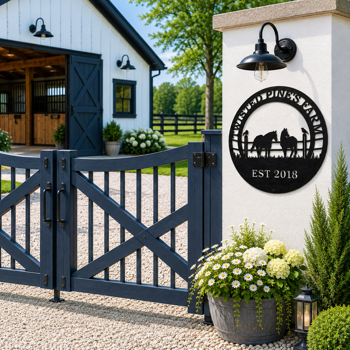 Black custom Twisted Pines Farm metal sign with horses and raven design displayed beside ranch gate