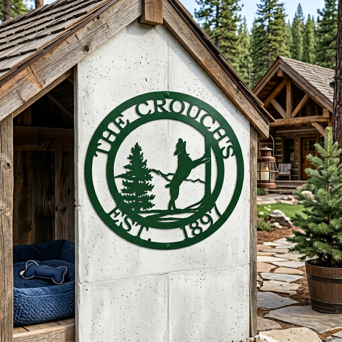 Green custom horse farm metal sign with pine tree and horse design displayed on rustic barn wall