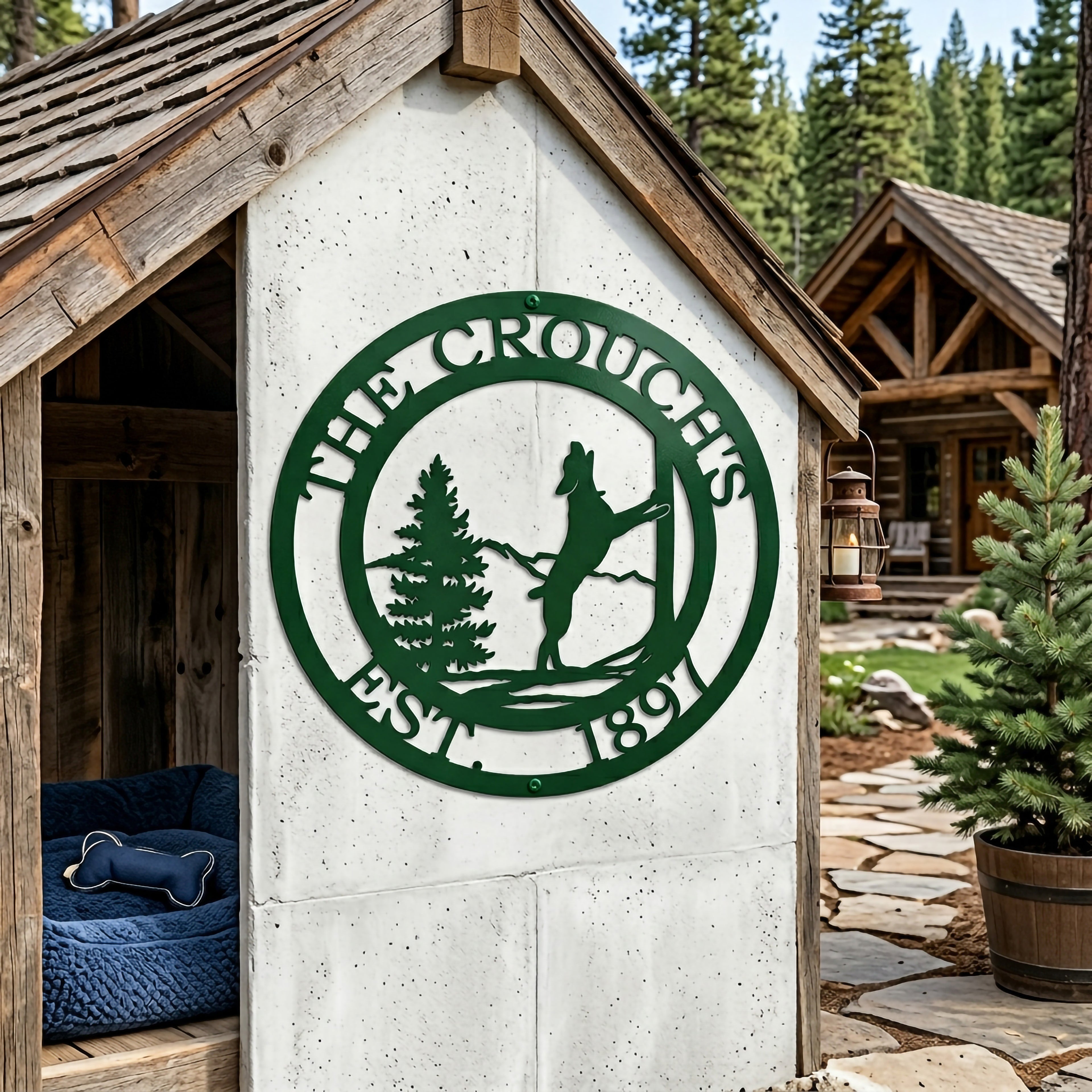 Green custom horse farm metal sign with pine tree and horse design displayed on rustic barn wall