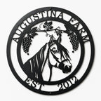 Custom horse farm metal wall art sign with horse head silhouette and grapevine design on white background