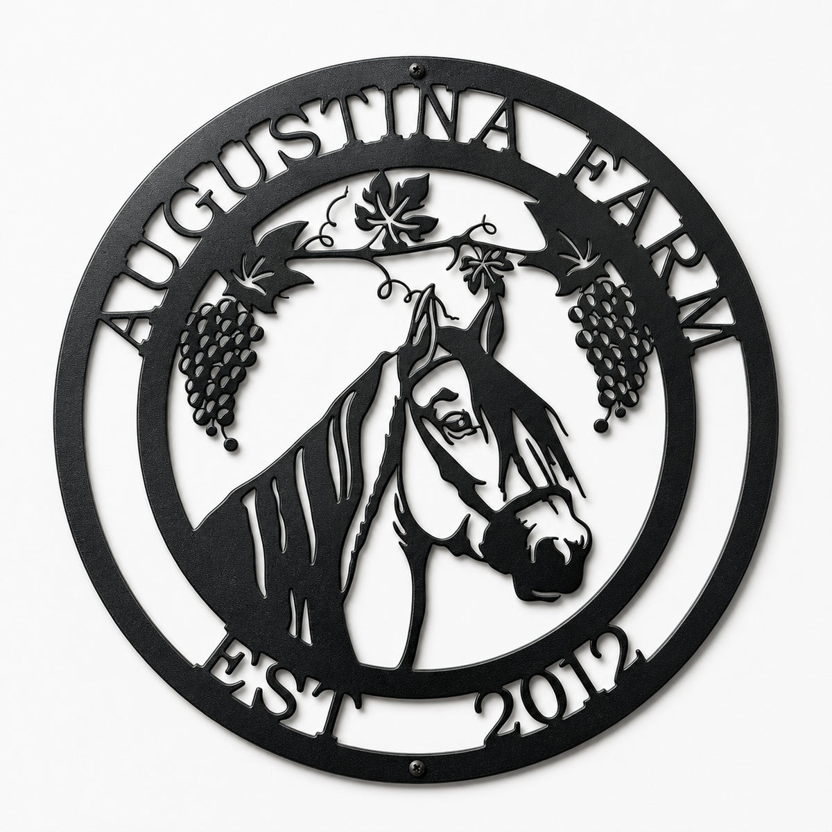 Custom horse farm metal wall art sign with horse head silhouette and grapevine design on white background