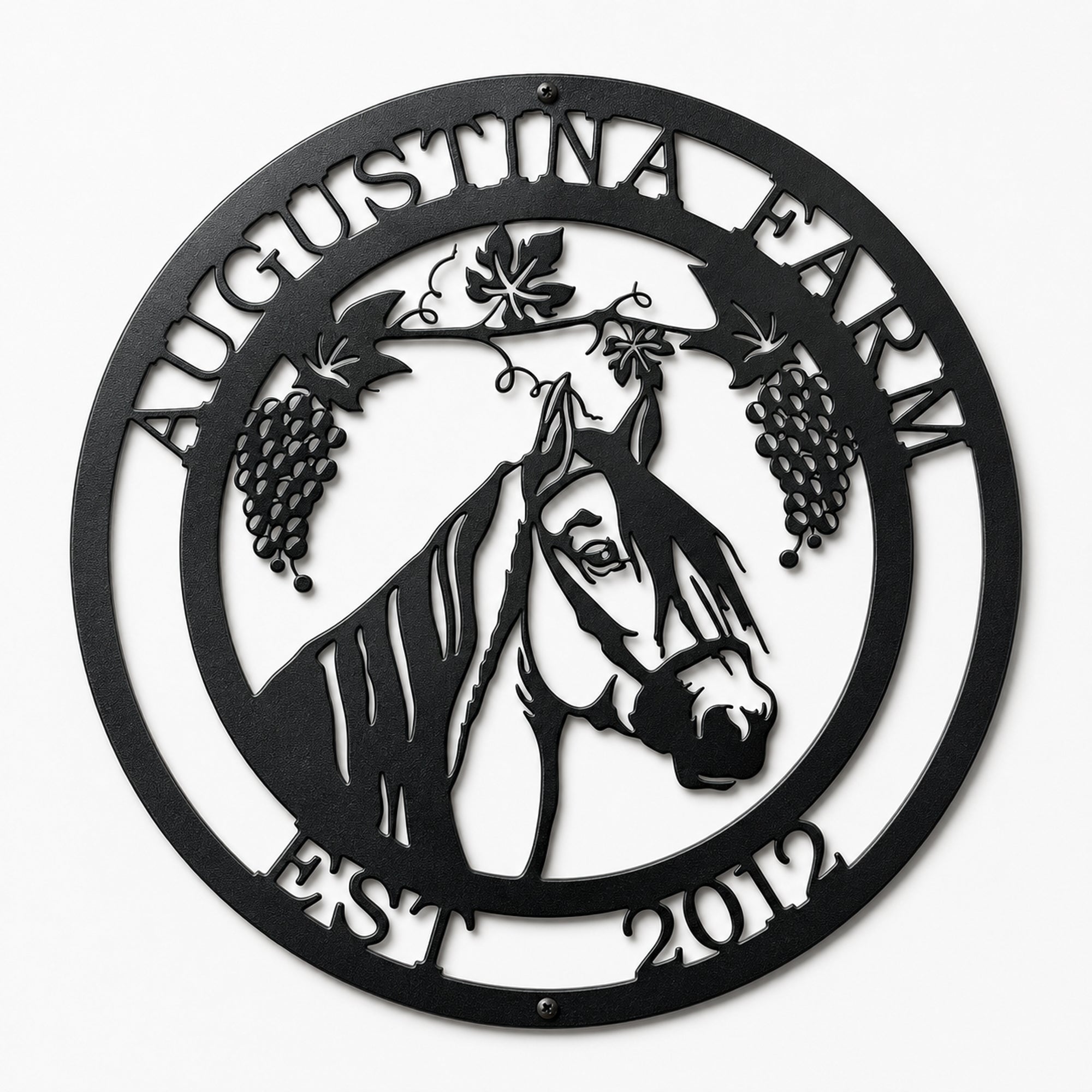 Custom horse farm metal wall art sign with horse head silhouette and grapevine design on white background