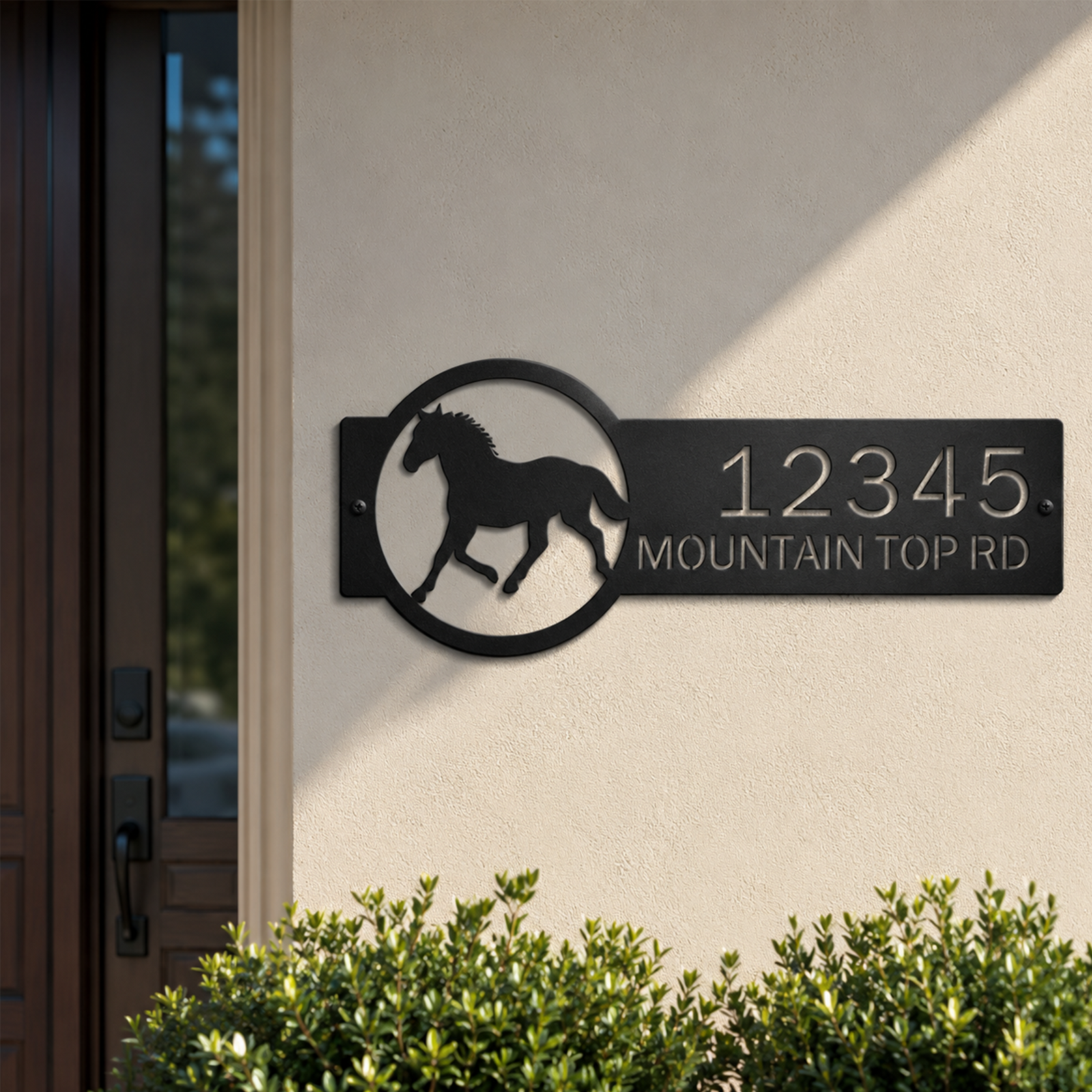 Black horse house number metal sign displayed near front door