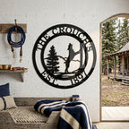 Gloss black horse lodge metal sign with pine tree and horse design displayed in rustic cabin entryway