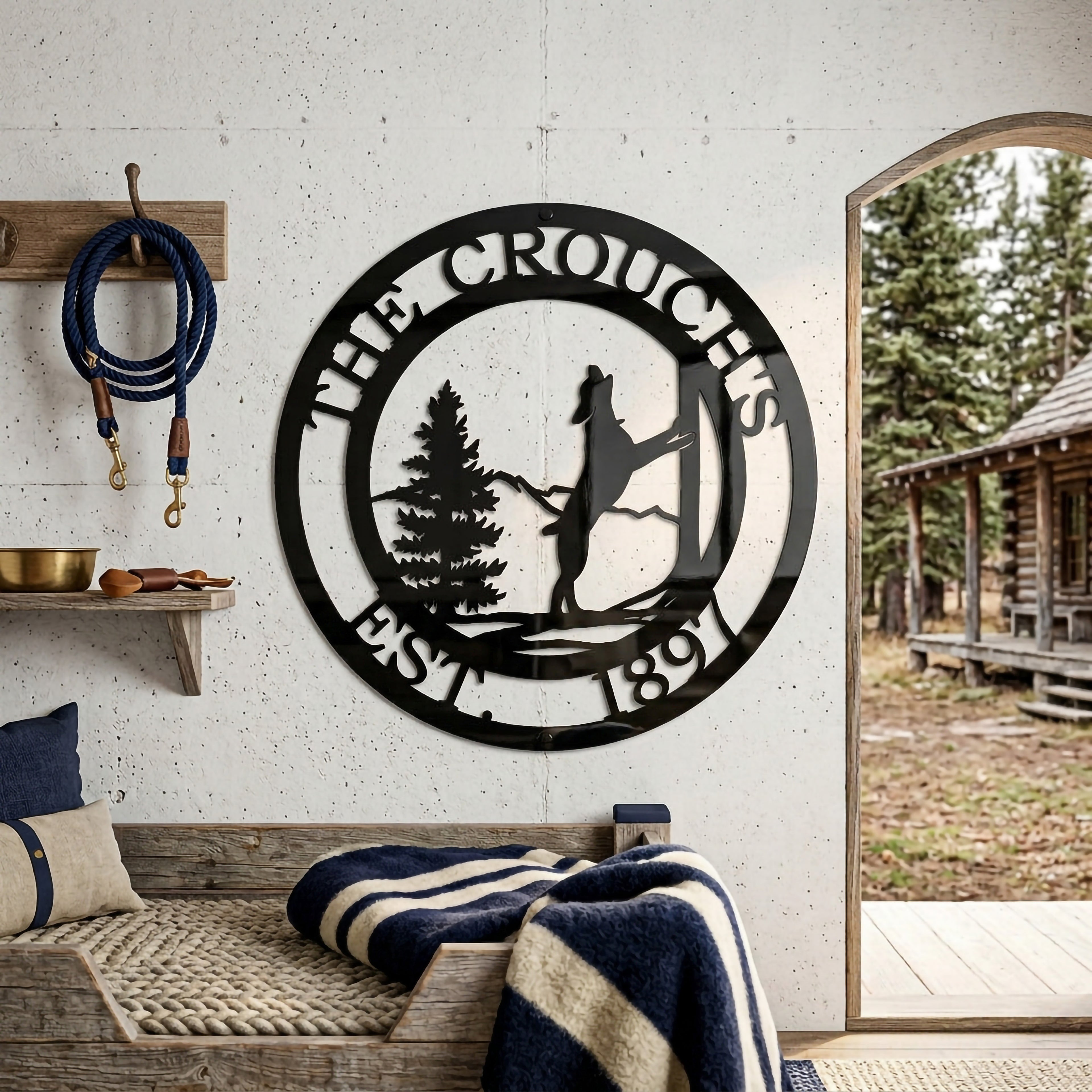 Gloss black horse lodge metal sign with pine tree and horse design displayed in rustic cabin entryway