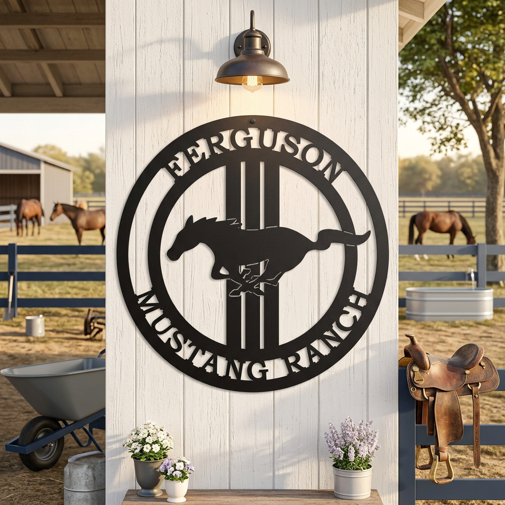 Black custom horse ranch metal sign displayed on barn post with horses and ranch equipment in background