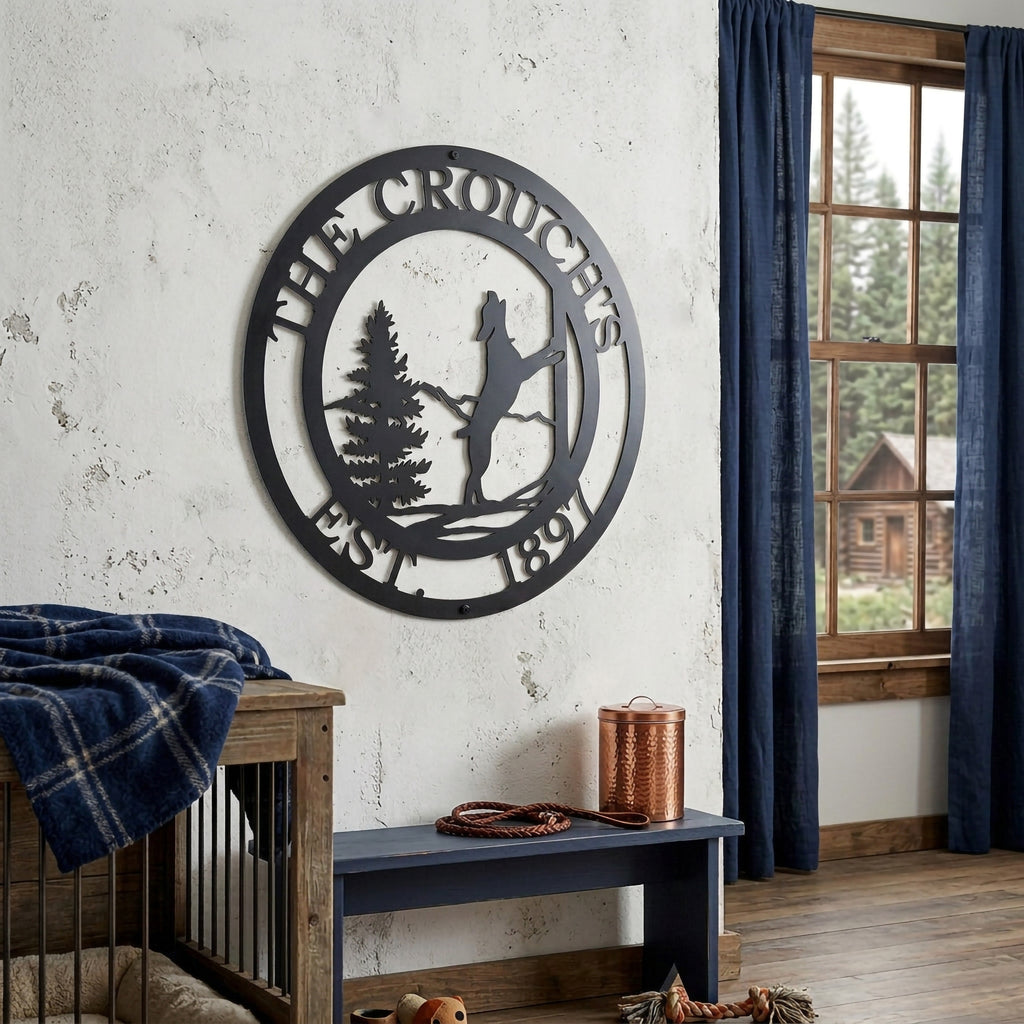 Satin black custom horse ranch metal sign displayed in cozy cabin room with rustic window decor