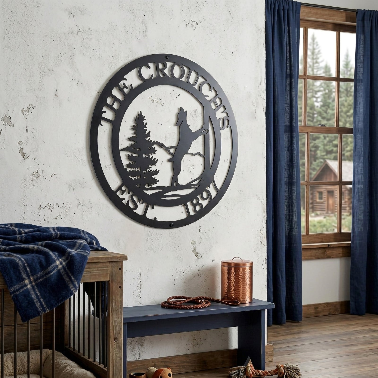 Satin black custom horse ranch metal sign displayed in cozy cabin room with rustic window decor