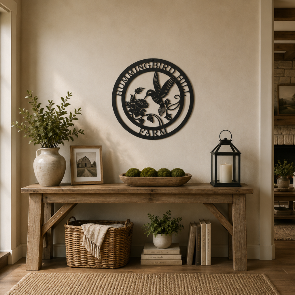 Rustic hummingbird metal wall art sign displayed above farmhouse console table with lantern décor and natural wood accents