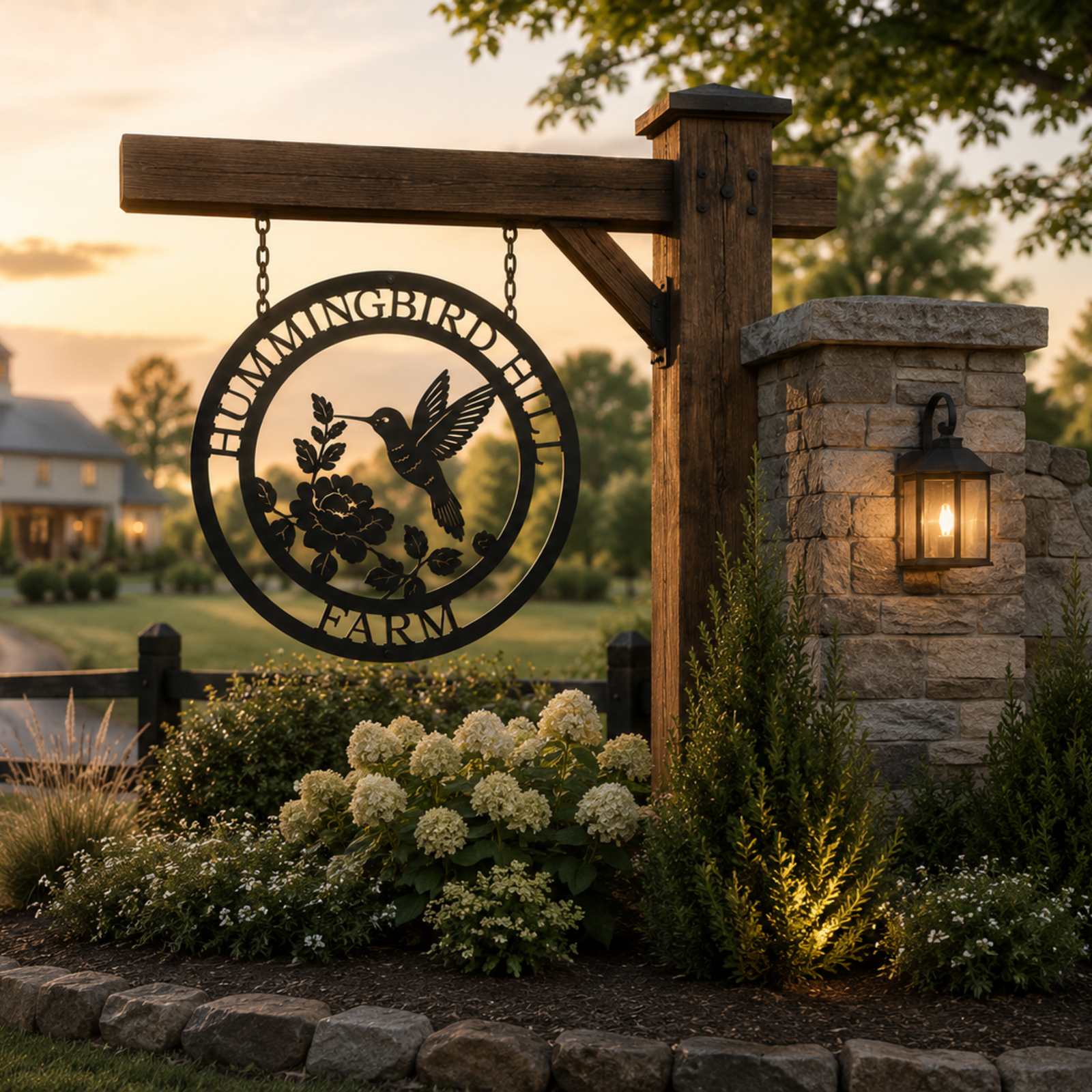 Custom hummingbird hill farm hanging metal sign displayed on wooden post with flowers and outdoor landscape décor