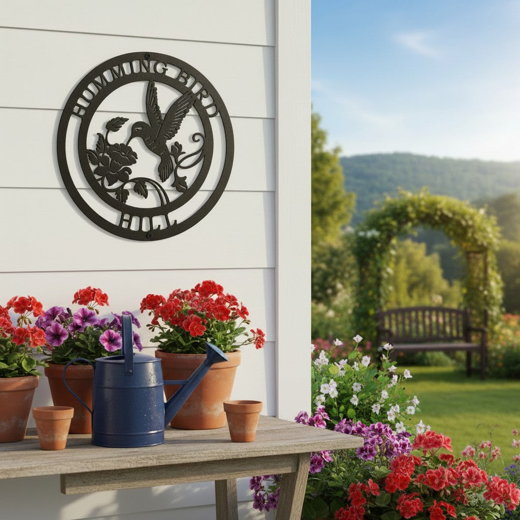 Matte black customized round metal sign featuring a hummingbird drinking from a flower with text Hummingbird Hill, displayed on an outdoor white siding wall above a rustic potting table with a navy blue watering can.