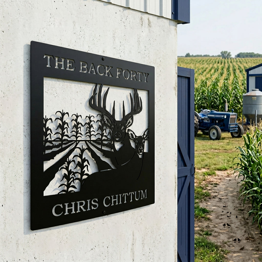 Satin black personalized hunting farm metal sign with deer and cornfield scene displayed near tractor and crop field