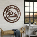 Textured copper deer farm metal wall sign with custom family name displayed near farmhouse window