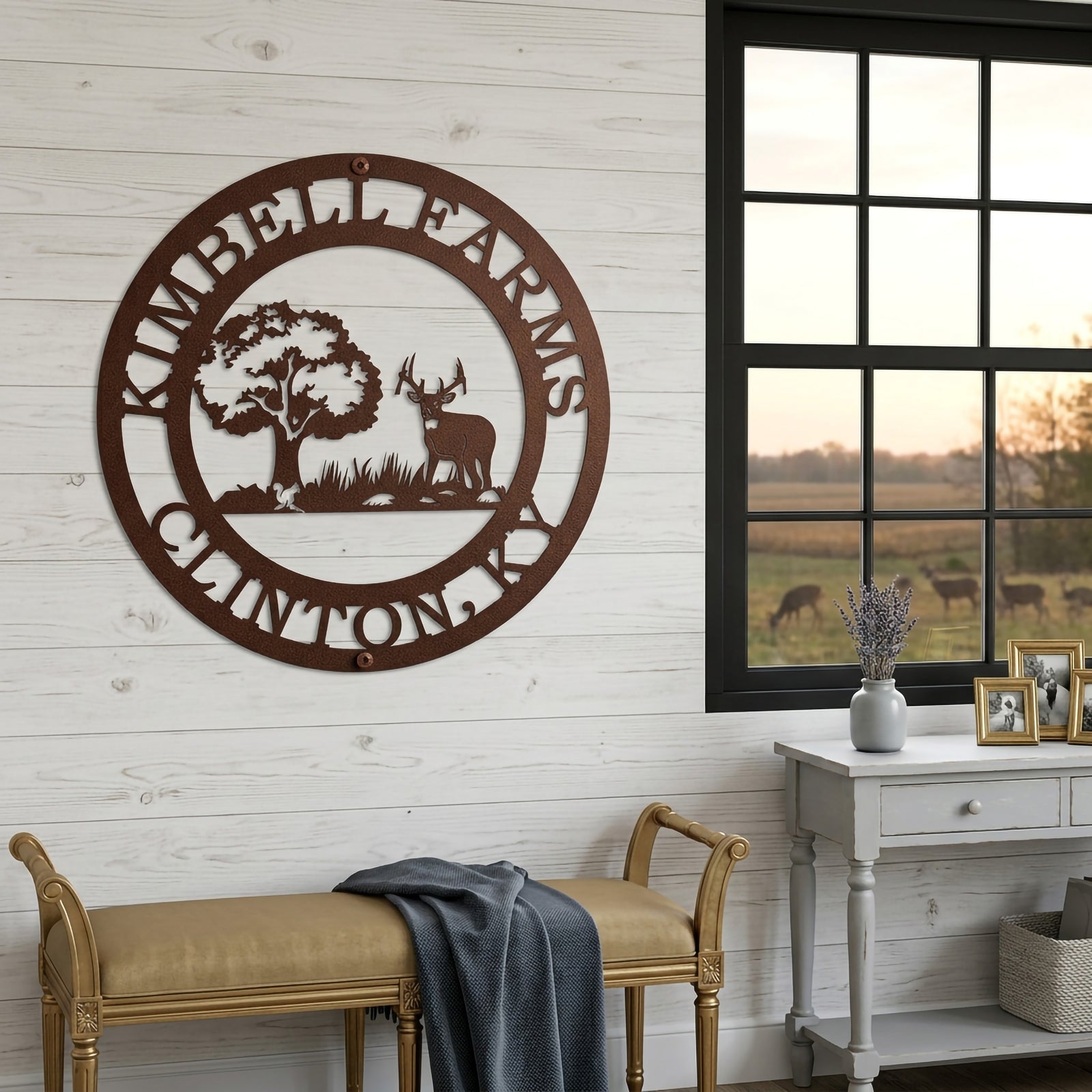 Textured copper deer farm metal wall sign with custom family name displayed near farmhouse window