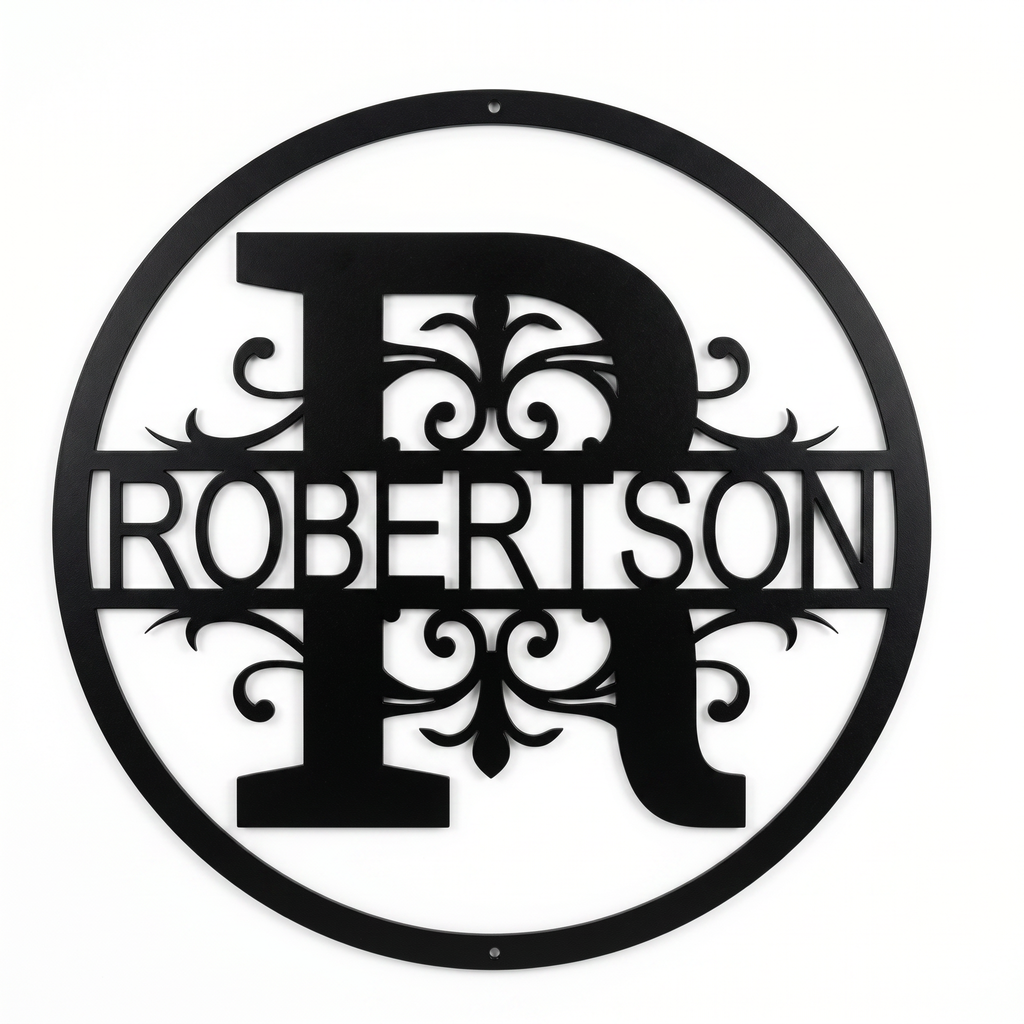 Flat view of a black circular personalized metal sign with a large letter R monogram and decorative scrollwork cut out with the family name Robertson over a pure white background.